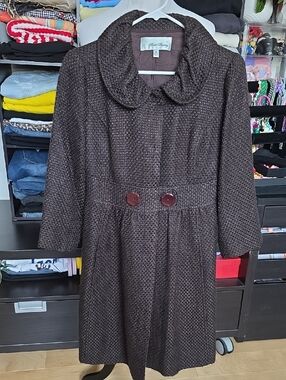 Brown Textured A-Line Coat Dress with Peter Pan Collar -